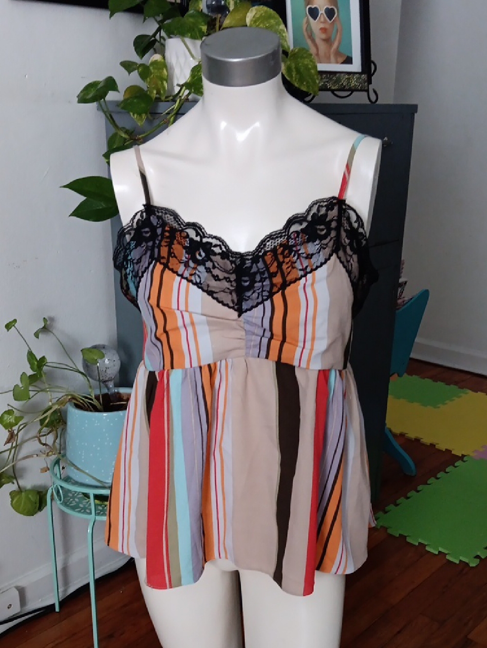 Entro Multicolor Striped Camisole with Black Lace